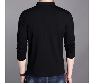 Rear view of slim fit men's black long sleeve polo shirt with mandarin collar