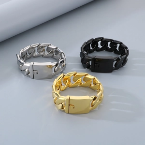 Detailed view of 24mm Cuban link bracelets in silver, gold, and black with box clasps