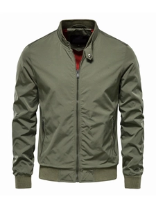 Close-up of military green men's jacket featuring stand collar and ribbed cuffs design