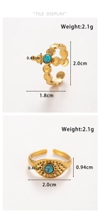 Macro detail of gold adjustable rings with turquoise stones and bohemian sunray patterns