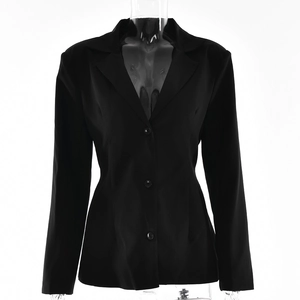 Detail of a black single-breasted blazer with three buttons shown on a clear mannequin