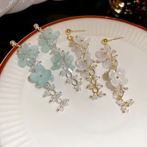 Flower Tassel Drop Earrings With Resin Petals Alloy Crystal And 925 Sterling Silver Earring Post Korean Style Sweet For Women