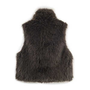 Women's dark brown faux fur vest with shaggy plush texture and sleeveless open front design