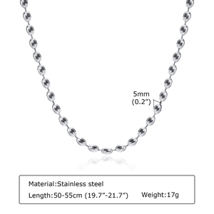 Detailed specs of 5mm silver stainless steel bead necklace showing dimensions and weight