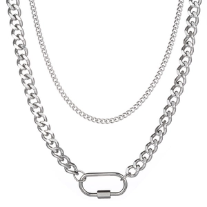 Stainless Steel Double Layer Necklace With Oval Carabiner Clasp Cuban Link Chain Industrial Minimalist Punk Jewelry