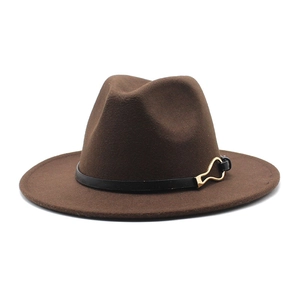 Detail of dark brown wool fedora hat featuring a slim black leather band and gold metal buckle