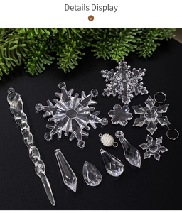 Detailed display of acrylic clear snowflake and icicle ornaments for Christmas decoration