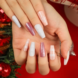 Christmas Press On Nails Long Coffin Shape Pink White Snowflake Relief Heart Glitter Plaid Artificial Fake Nails For Women