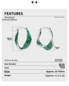 Detail showing S925 sterling silver twist hoop earrings with emerald green marble resin inlay