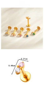 Detailed view of titanium flat back studs with dual micro-set zircon stones in various colors