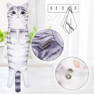 Detail of hanging cat hand towel with metal snap button and sturdy fabric loop attachment