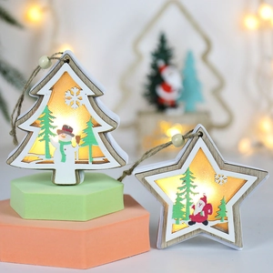 Illuminated wooden Christmas tree ornaments with LED lights and festive snowman motifs