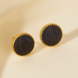 Vintage 18K gold plated stainless steel round earrings with black marble finish