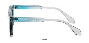 Macro shot of E2188 transparent blue gradient frame with metal hinge and model specs