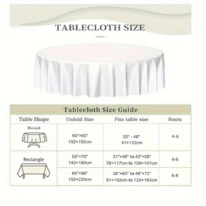 Tablecloth size guide showing dimensions for round and rectangular dining table covers