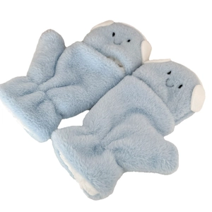Cute light blue plush flip-top gloves for women featuring lovely smile embroidery
