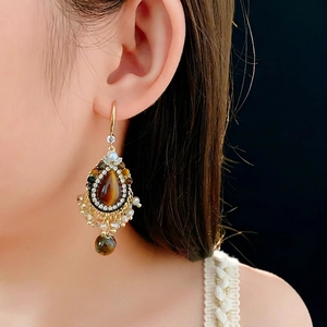 Vintage water-drop tiger eye earrings with zircon pavé and golden hooks for women