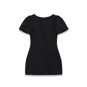 Elegant black short sleeve dress featuring puff sleeves and a slim waist design