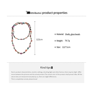 Detail showing colorful shell beads and glass necklace with length and weight specs