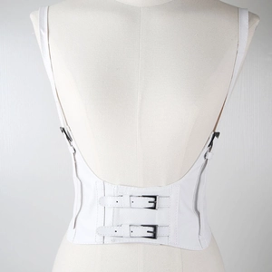 Detailed back view of white faux leather corset belt with adjustable metal buckles
