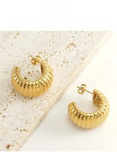 Détail des boucles d'oreilles créoles nervurées plaquées or 18 carats sur pierre