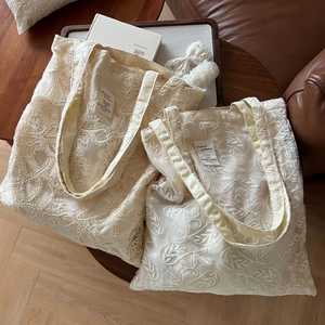 Beige floral lace embroidery cotton tote bag set with vintage French aesthetic