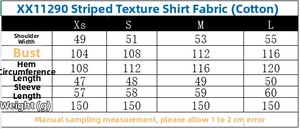 Size chart for striped cotton poplin shirt showing detailed measurements in centimeters