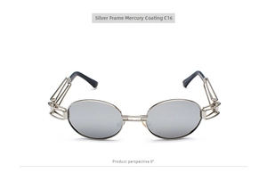 Front view of silver steampunk sunglasses with oval mirror lenses and hollow metal temples
