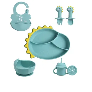 Baby Tableware Silicone Cartoon Dinosaur Shape Suction Plate Bowl Bib Spoon Fork For Toddler Feeding