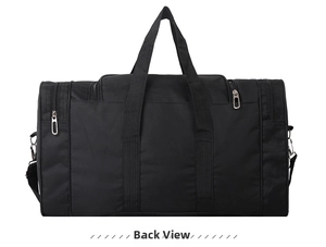 Rear view of large capacity black nylon travel bag with side pockets and durable texture
