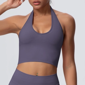 Detail showing high-impact purple halter neck sports bra with ribbed knit texture