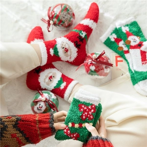 Christmas Socks Coral Fleece Thick Warm Winter Home Floor Hosiery Santa Reindeer Snowman Cartoon Patterns For Women