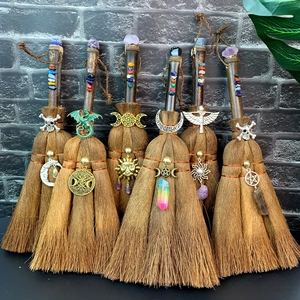 Handmade Mini Witch Besom Broom Natural Wood Straw With Healing Crystal Stones Metal Moon Skull For Wiccan Altar Decor
