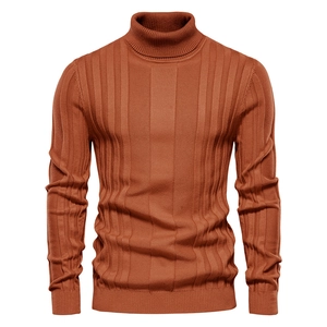 Men's turtle neck knit sweater in caramel brown with vertical ribbed texture and slim fit
