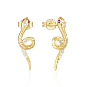 Detailed macro view of S925 sterling silver snake earrings with white and red cubic zirconia