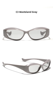 Detailed macro view of gray Y2K futuristic sunglasses showing CE certification and model 20263