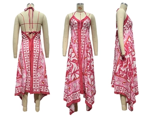 Detail of V-neck halter maxi dress with floral print, open back and asymmetric hem