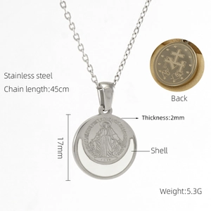 Silver crescent moon necklace details showing size measurements and back view on white base