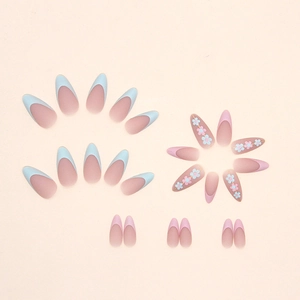 Matte almond press-on nails featuring light blue and pink floral French designs