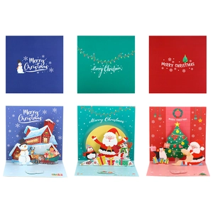 3D pop-up Christmas cards in blue, green and red with festive snowman and Santa designs