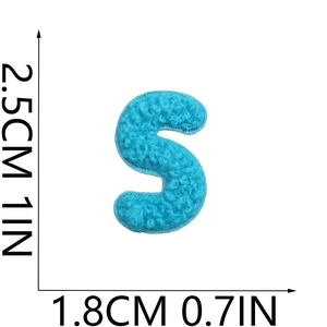 Blue chenille letter S embroidery patch detail with dimensions 2.5cm by 1.8cm on white back