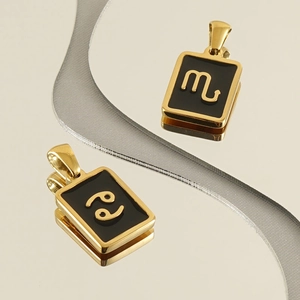 Minimalist 18k gold plated stainless steel square zodiac pendant necklace with black enamel