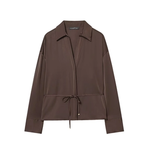 Women Satin Long Sleeve Blouse Shirt With Waist Tie Lapel Solid Coffee Brown Casual Office Chic Top