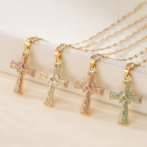 Vintage Copper Gold Plated Zirconia Cross Pendant Necklace For Women Enamel Drip Oil Religious Charm Fashion Jewelry Accessory