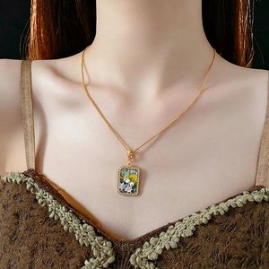 Vintage gold necklace with rectangular floral enamel pendant and freshwater pearls