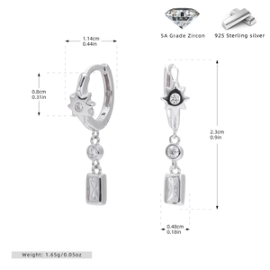 Detailed view of S925 sterling silver star drop earrings with 5A grade zircon measurements