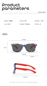 Detailed size chart for kids dinosaur print sunglasses showing 12.8cm frame width and weight