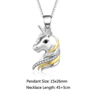 Elegant silver and gold unicorn pendant necklace with sparkling zircon and black eye gem