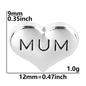 Macro view of MUM engraved heart charm with precise height and width measurements