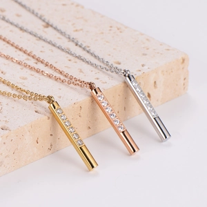 Minimalist stainless steel bar necklace with cubic zirconia in gold, rose gold and silver